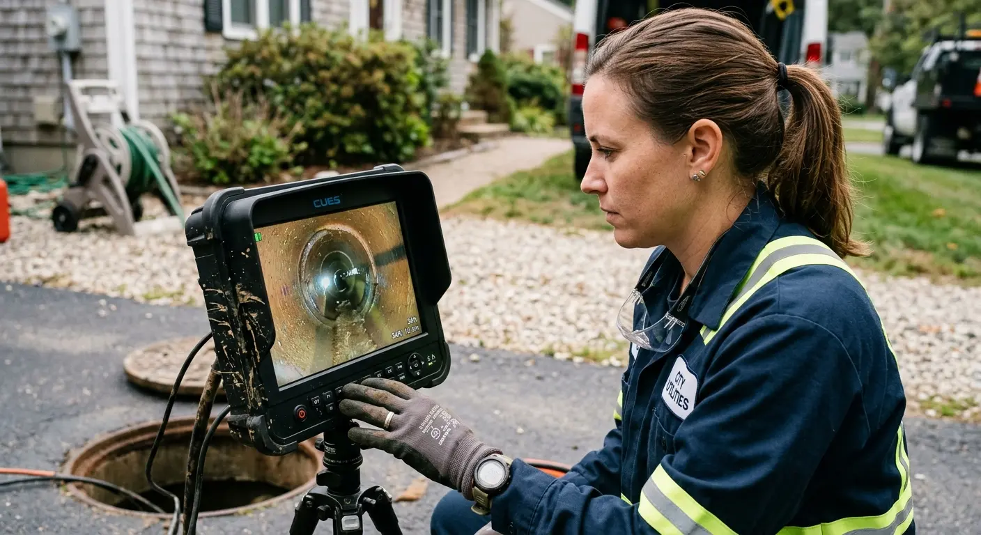 Technician reviewing sewer camera inspection footage in Shaw Heights