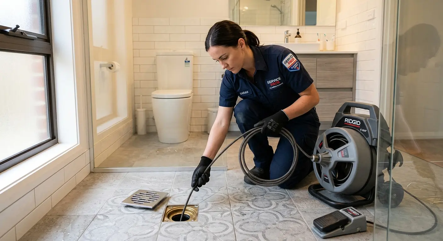 Technician clearing a bathroom floor drain for Drain Cleaning in Shaw Heights